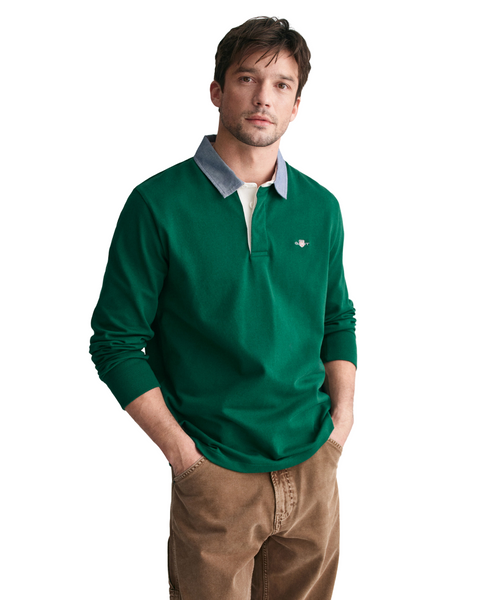 GANT 2004082-373 Reg Chambray Heavy Rugger Polo DEEP FOREST GREEN