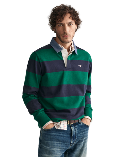 GANT 2004083-373 Reg. Chambrey Stripe Heavy Rugger Polo DEEP FOREST GREEN